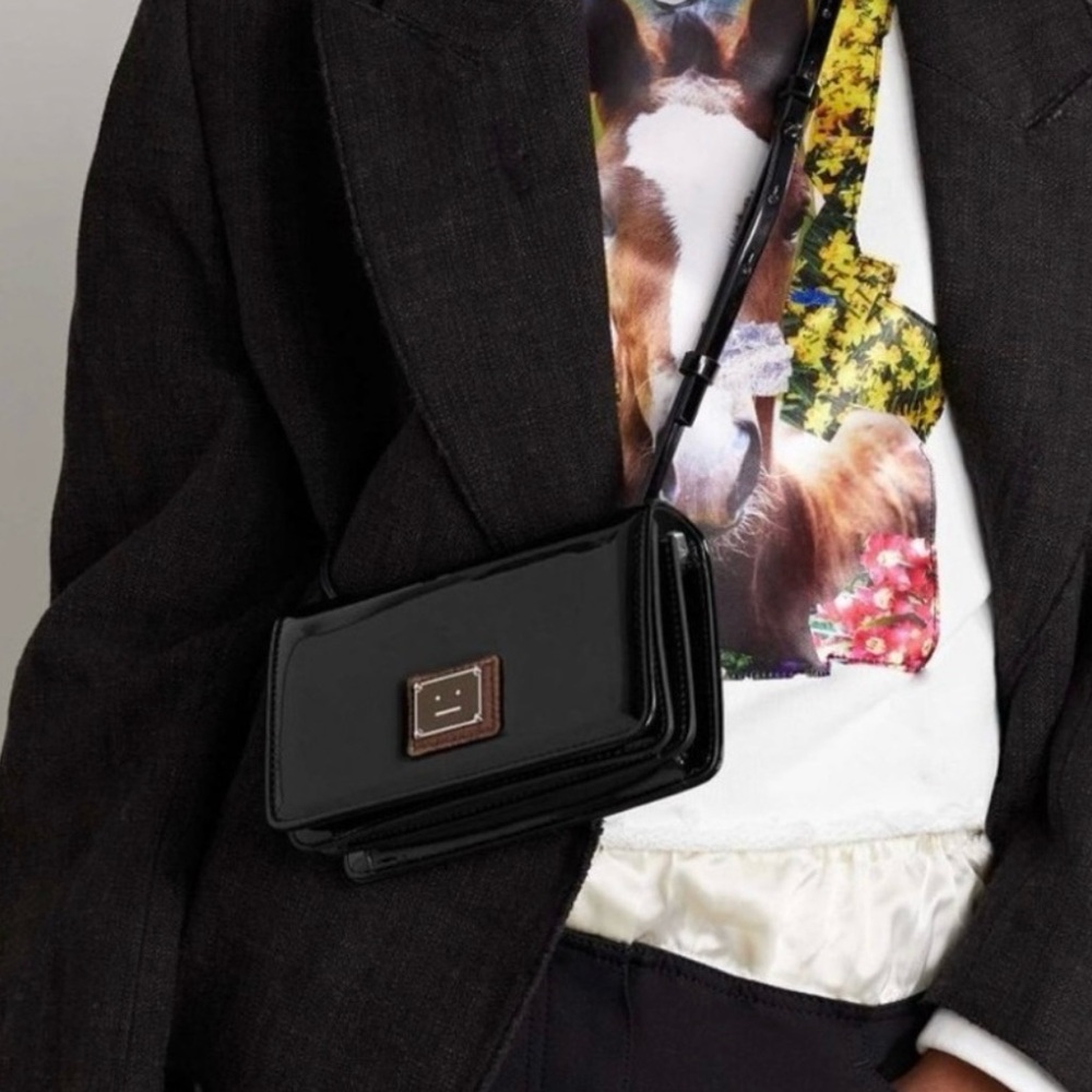 Acne Studios Mini Aggri Face Plaque Patent Crossbody Bag in Black NWOT